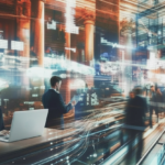 Underwriters utilising innovative, futuristic agentic AI tools within a data-rich, high-tech workspace.