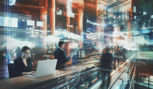 Underwriters utilising innovative, futuristic agentic AI tools within a data-rich, high-tech workspace.