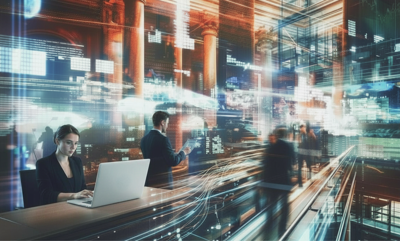 Underwriters utilising innovative, futuristic agentic AI tools within a data-rich, high-tech workspace.