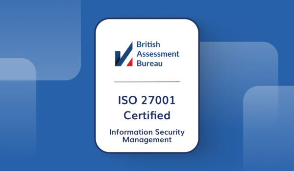 Official badge from British Assessment Bureau showing an ISO 27001 Certification in Information Security Management.