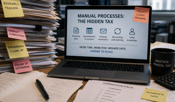 A cluttered desk with a laptop displaying a presentation slide titled "Manual Processes: The Hidden Tax," outlining inefficiencies like rekeying data and chasing information. A big, messy stack of papers with sticky notes is beside it, alongside an open notebook, a submission document, and a black mug that reads "Another Manual Day."