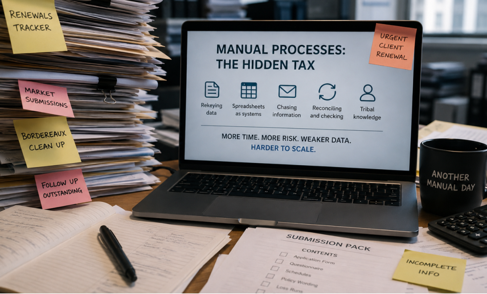 A cluttered desk with a laptop displaying a presentation slide titled "Manual Processes: The Hidden Tax," outlining inefficiencies like rekeying data and chasing information. A big, messy stack of papers with sticky notes is beside it, alongside an open notebook, a submission document, and a black mug that reads "Another Manual Day."