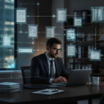 Office scene showing an insurance underwriter at a desk, surrounded by connected workflow panels, suggesting fragmented and overloaded digital systems.