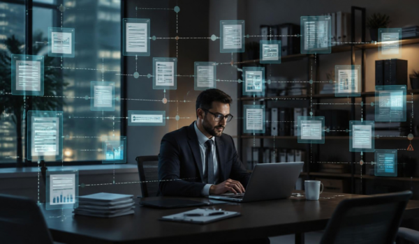 Office scene showing an insurance underwriter at a desk, surrounded by connected workflow panels, suggesting fragmented and overloaded digital systems.