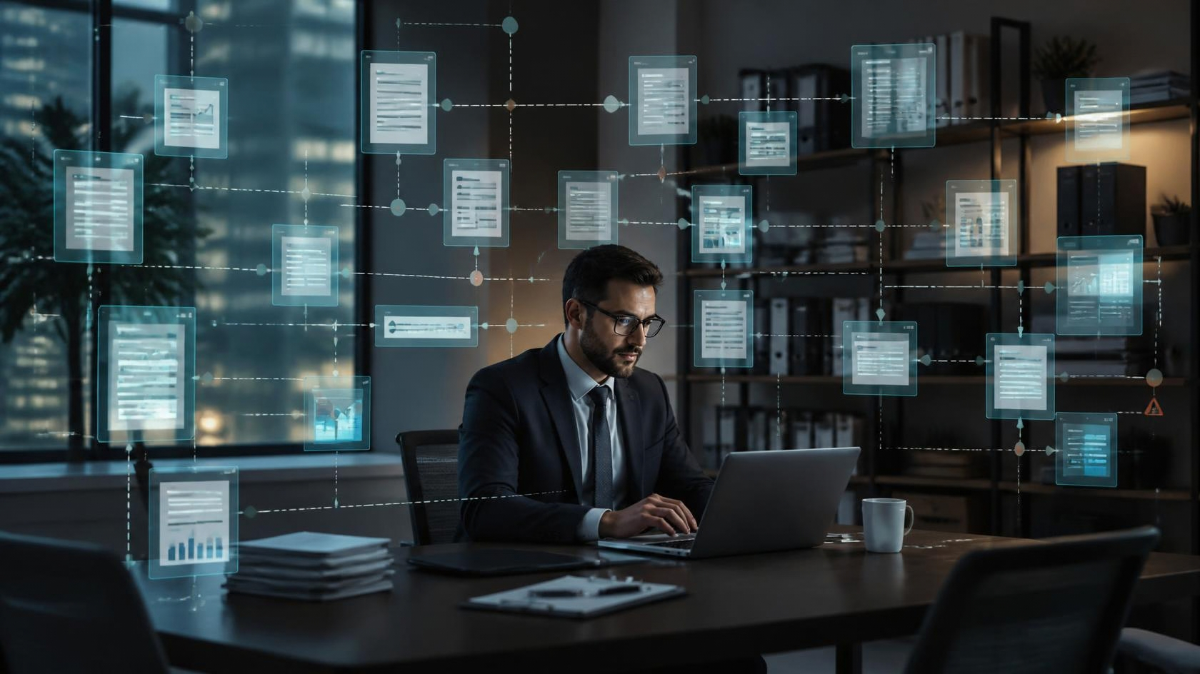 Office scene showing an insurance underwriter at a desk, surrounded by connected workflow panels, suggesting fragmented and overloaded digital systems.