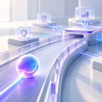 Illustration of an AI agent moving along a guarded pathway towards a connected enterprise system.