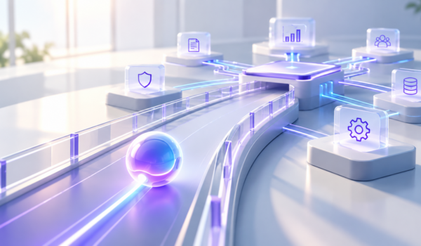 Illustration of an AI agent moving along a guarded pathway towards a connected enterprise system.